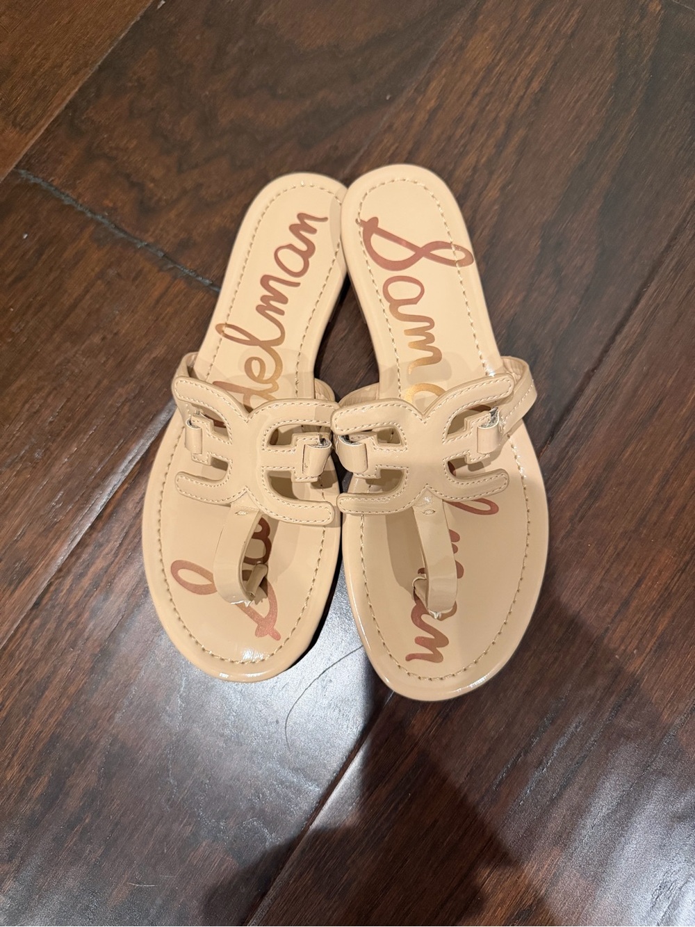 Sam Edelman Nude Tan Leather Logo Thong Sandals